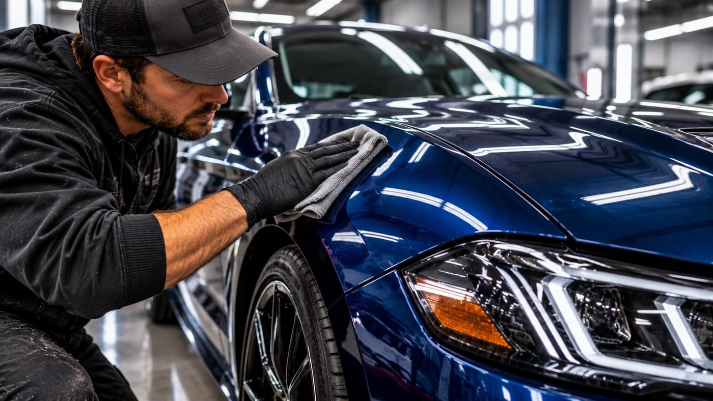 Illustrative photograph of a person wiping a blue car. The person is not identified as an employee.