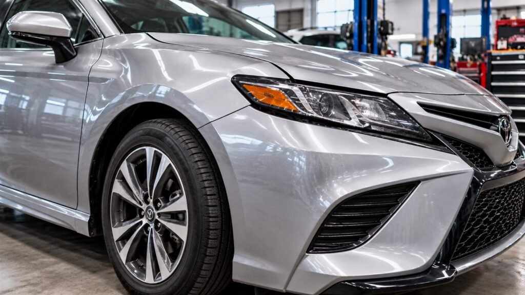 Illustrative after photograph of a silver sedan front. Not a verified repair.