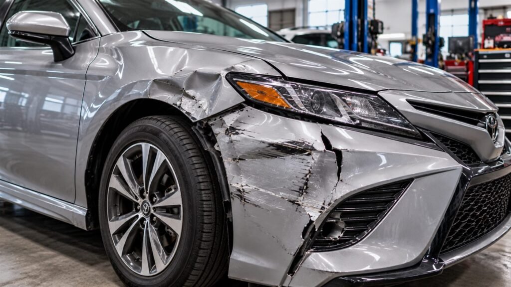 Illustrative before photograph of a silver sedan with front-end damage. Not a verified repair.