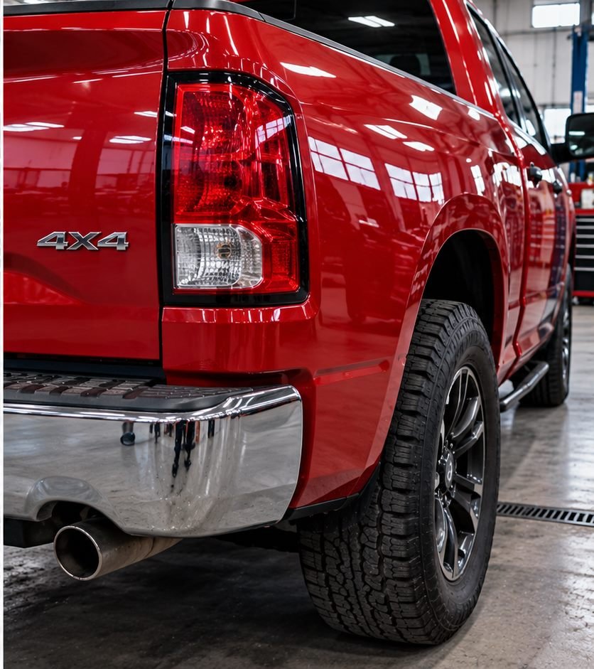 Illustrative after photograph of a red pickup rear quarter. Not a verified repair.