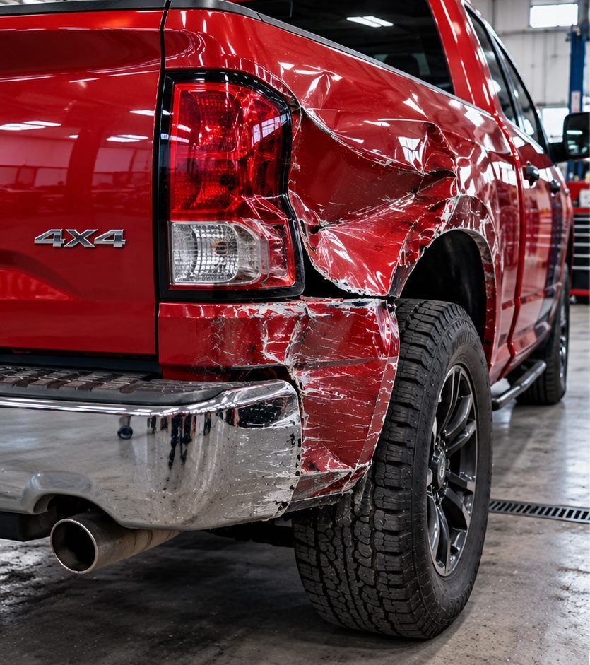 Illustrative before photograph of a red pickup rear quarter with damage. Not a verified repair.