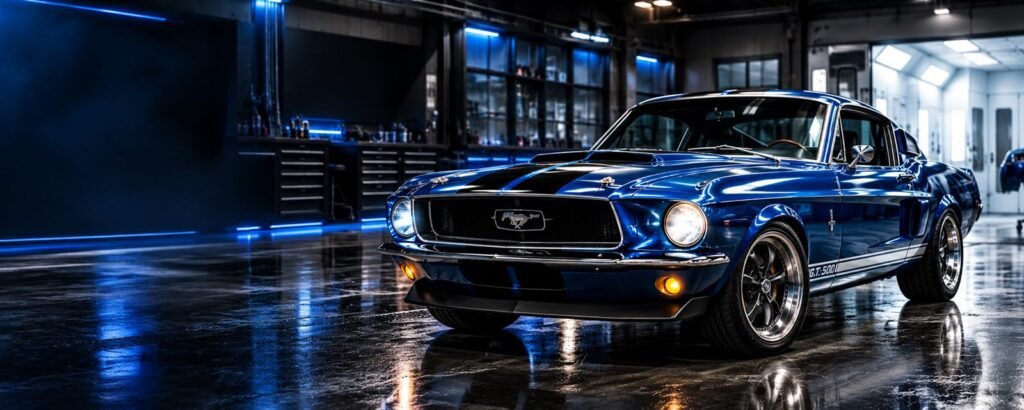 Blue Mustang in a dark repair shop. Demonstration photograph, not a customer vehicle.