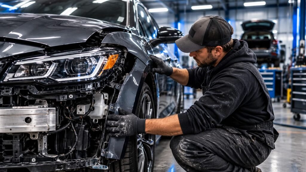 Illustrative shop photograph for the collision repair section. Not a verified customer repair.