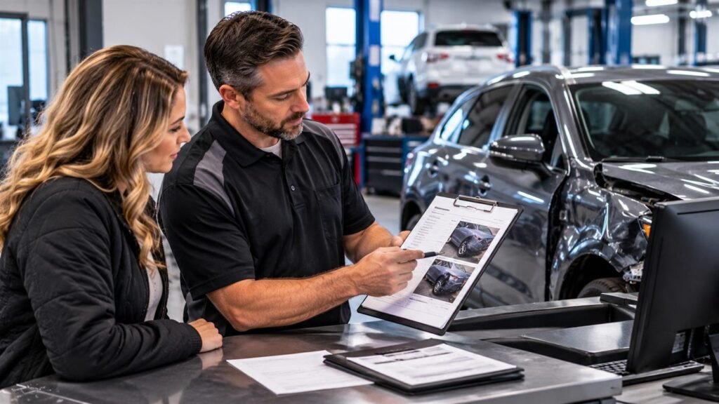 Illustrative photograph of two people reviewing a clipboard in a shop. They are not identified customers or employees.