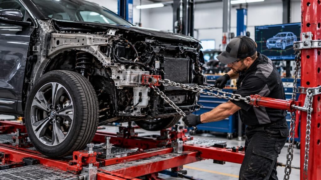 Illustrative photograph of a vehicle on a lift. Not a verified structural repair.